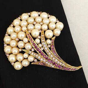 Vintage Faux Pearl & Rhinestone Brooch Floral Pin